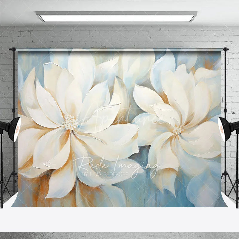 Aperturee - Aperturee White Magnolia Oil Painting Backdrop Soft Blue Floral Art Texture Background Elegant Photography Studio Prop