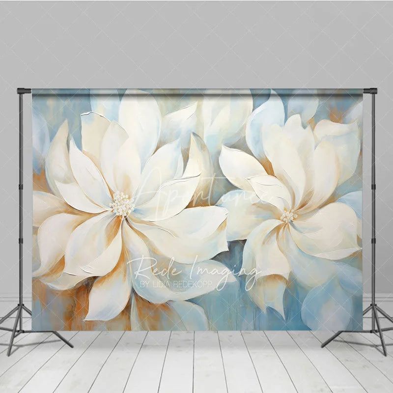 Aperturee - Aperturee White Magnolia Oil Painting Backdrop Soft Blue Floral Art Texture Background Elegant Photography Studio Prop