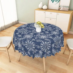 Aperturee - Aperturee White Mandala Floral Pattern Navy Blue Round Tablecloth Elegant Bohemian Dining Decor