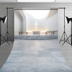 Aperturee - Aperturee White Modern Church Sweep Backdrop Glowing Cross Altar Elegant Wedding Ceremony Photography Serene Minimalist