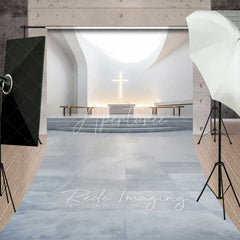 Aperturee - Aperturee White Modern Church Sweep Backdrop Glowing Cross Altar Elegant Wedding Ceremony Photography Serene Minimalist