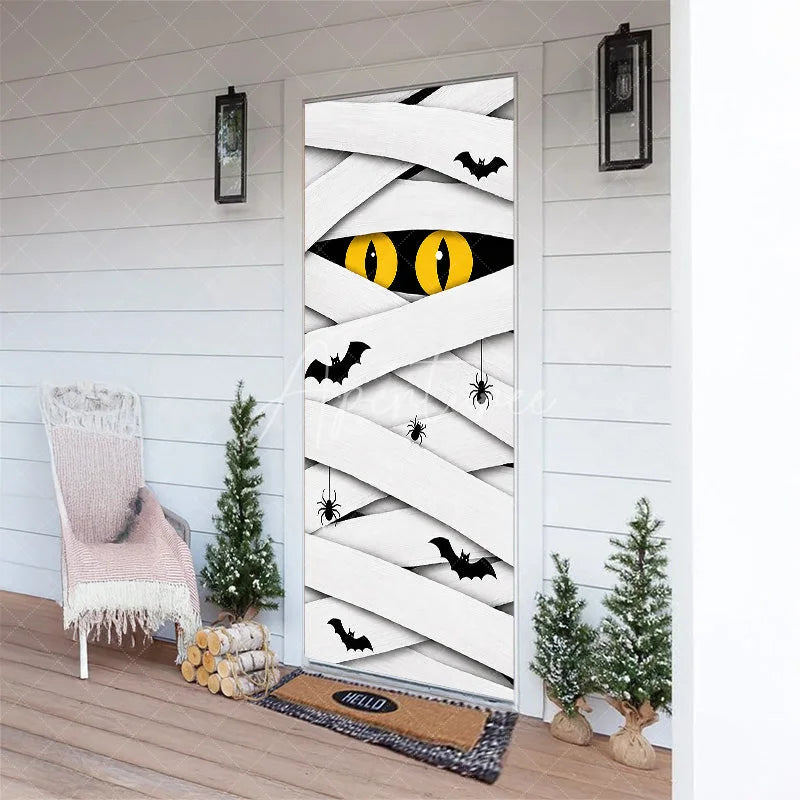 Aperturee - Aperturee White Mummy Eyes and Bats Halloween Door Cover Spooky Spider Party Decoration for Festive Celebrations