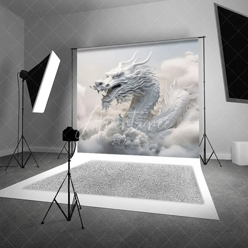 Aperturee - Aperturee White Mythical Dragon in Clouds Photography Backdrop Ethereal Fantasy Theme Majestic Portrait Studio Prop