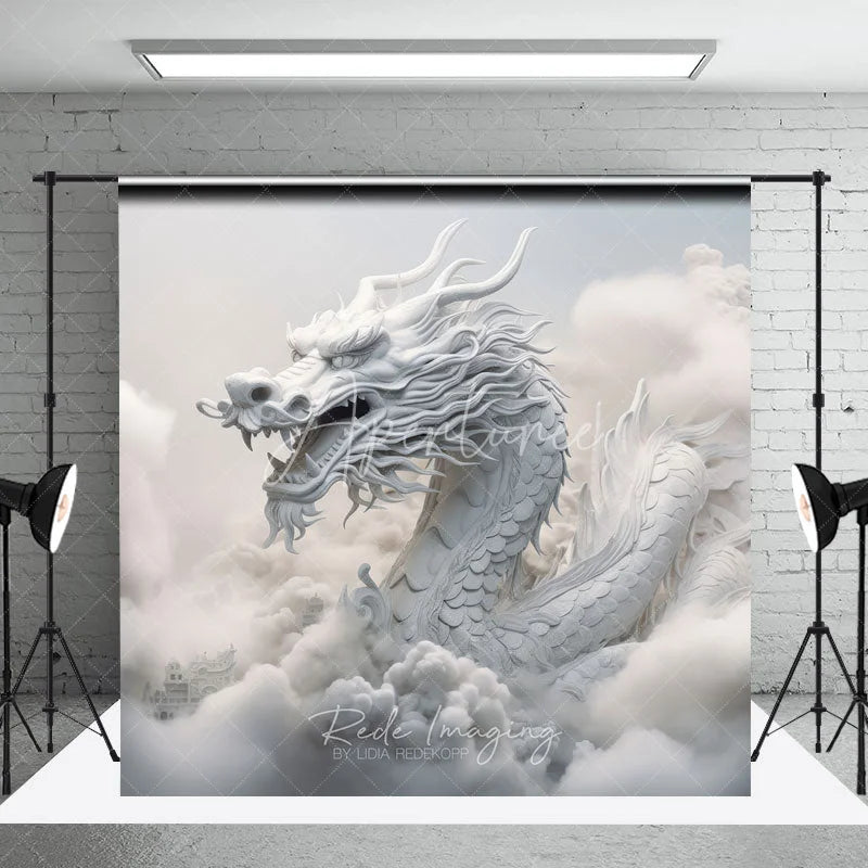 Aperturee - Aperturee White Mythical Dragon in Clouds Photography Backdrop Ethereal Fantasy Theme Majestic Portrait Studio Prop