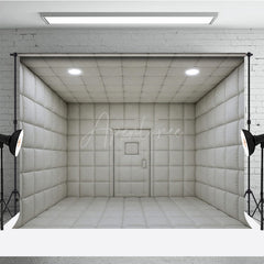 Aperturee - Aperturee White Padded Room Photography Backdrop Asylum Cell for Horror and Escape Room Minimalist Themed Photos
