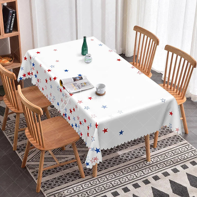 Aperturee - Aperturee White Rectangle Tablecloth with Red and Blue Stars Scalloped Edge for Patriotic Holiday Parties and Celebrations