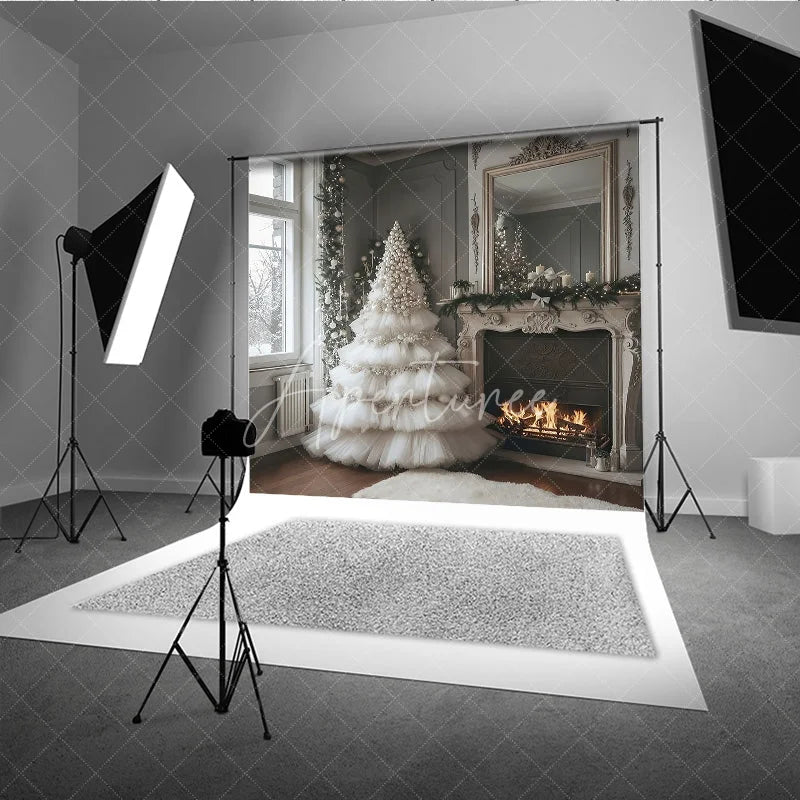 Aperturee - Aperturee White Ruffle Christmas Tree Backdrop Elegant Fireplace Photography Background Luxury Interior Holiday Party Decoration