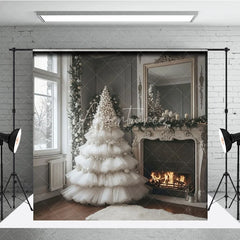 Aperturee - Aperturee White Ruffle Christmas Tree Backdrop Elegant Fireplace Photography Background Luxury Interior Holiday Party Decoration