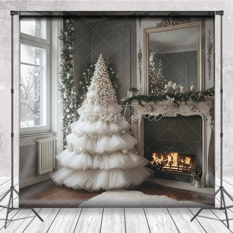 Aperturee - Aperturee White Ruffle Christmas Tree Backdrop Elegant Fireplace Photography Background Luxury Interior Holiday Party Decoration