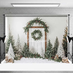 Aperturee - Aperturee White Shiplap Farmhouse Christmas Backdrop Simple Wreath Tree Photography Background