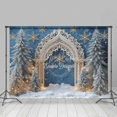 Aperturee - Aperturee White Silver Arch Christmas Backdrop Blue Winter Wonderland Snowflake Photography Background