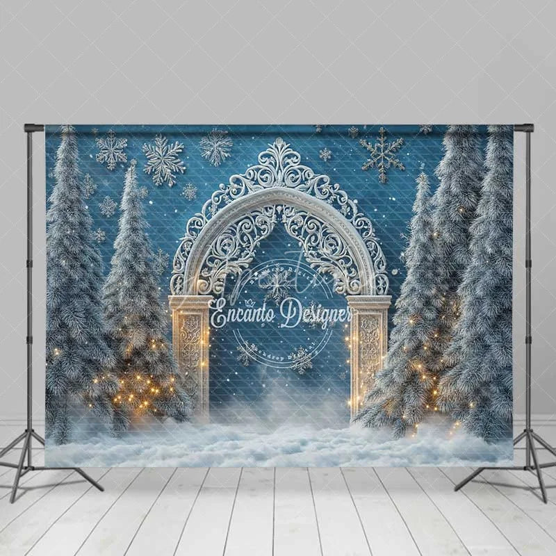 Aperturee - Aperturee White Silver Arch Lights Christmas Backdrop Blue Winter Wonderland Snowflake Photography Background