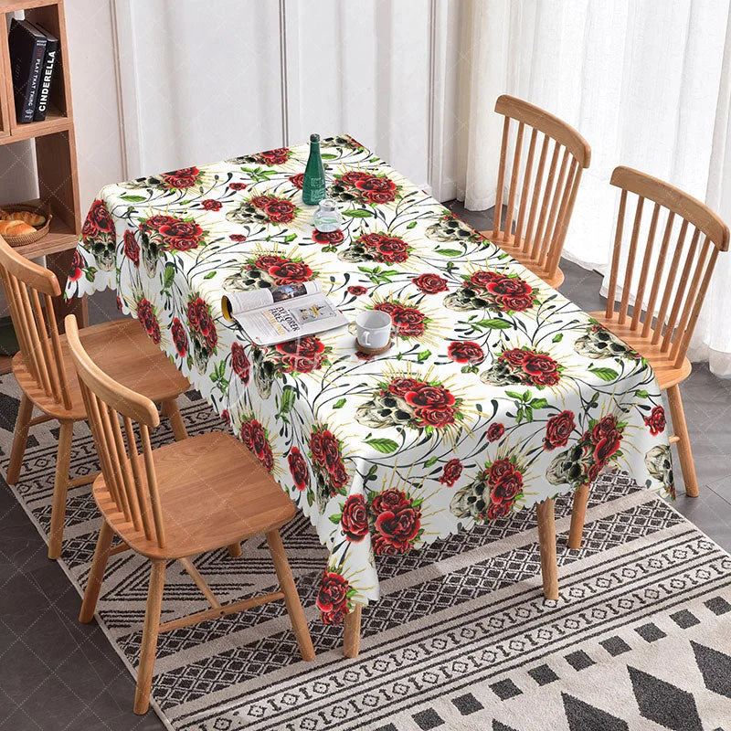 Aperturee - Aperturee White Skull and Red Rose Rectangle Tablecloth Tattoo Style Floral Skeleton Edgy Valentine Dining Decor