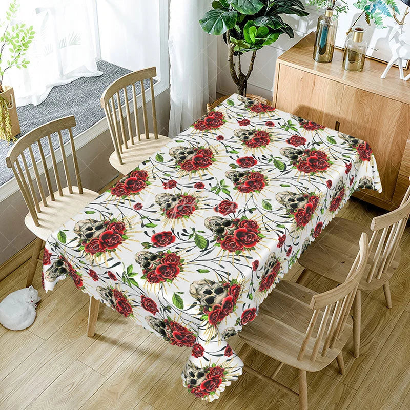 Aperturee - Aperturee White Skull and Red Rose Rectangle Tablecloth Tattoo Style Floral Skeleton Edgy Valentine Dining Decor