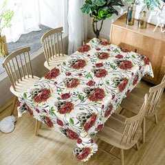 Aperturee - Aperturee White Skull and Red Rose Rectangle Tablecloth Tattoo Style Floral Skeleton Edgy Valentine Dining Decor