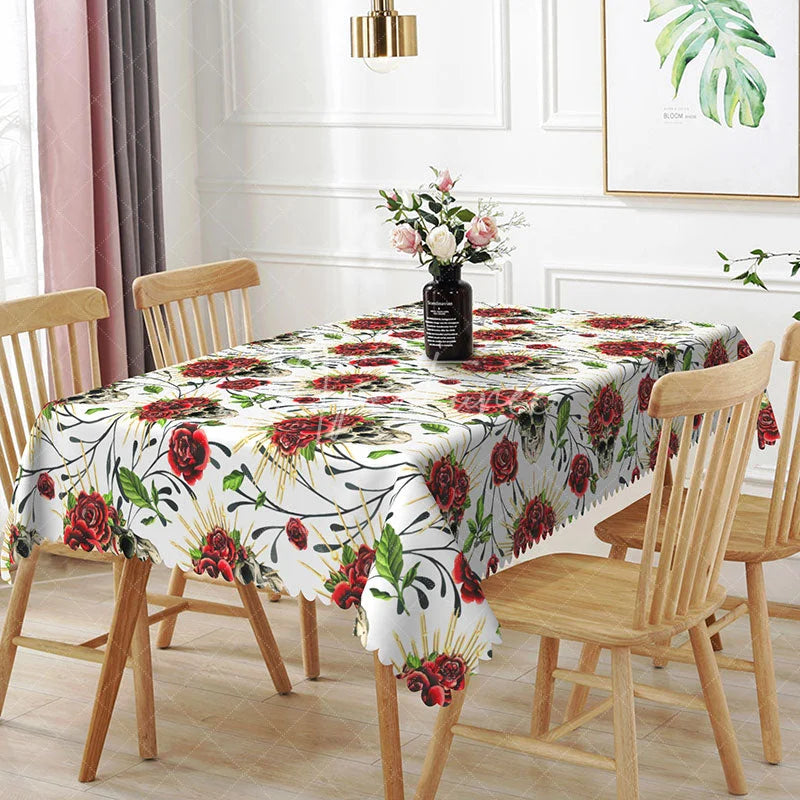 Aperturee - Aperturee White Skull and Red Rose Rectangle Tablecloth Tattoo Style Floral Skeleton Edgy Valentine Dining Decor