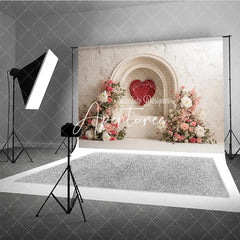 Aperturee - Aperturee White Textured Arch with Red Heart and Pink Floral Photography Backdrop Elegant Romantic Decor