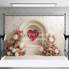 Aperturee - Aperturee White Textured Arch with Red Heart and Pink Floral Photography Backdrop Elegant Romantic Decor