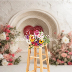 Aperturee - Aperturee White Textured Arch with Red Heart and Pink Floral Photography Backdrop Elegant Romantic Decor