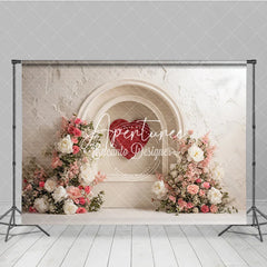 Aperturee - Aperturee White Textured Arch with Red Heart and Pink Floral Photography Backdrop Elegant Romantic Decor