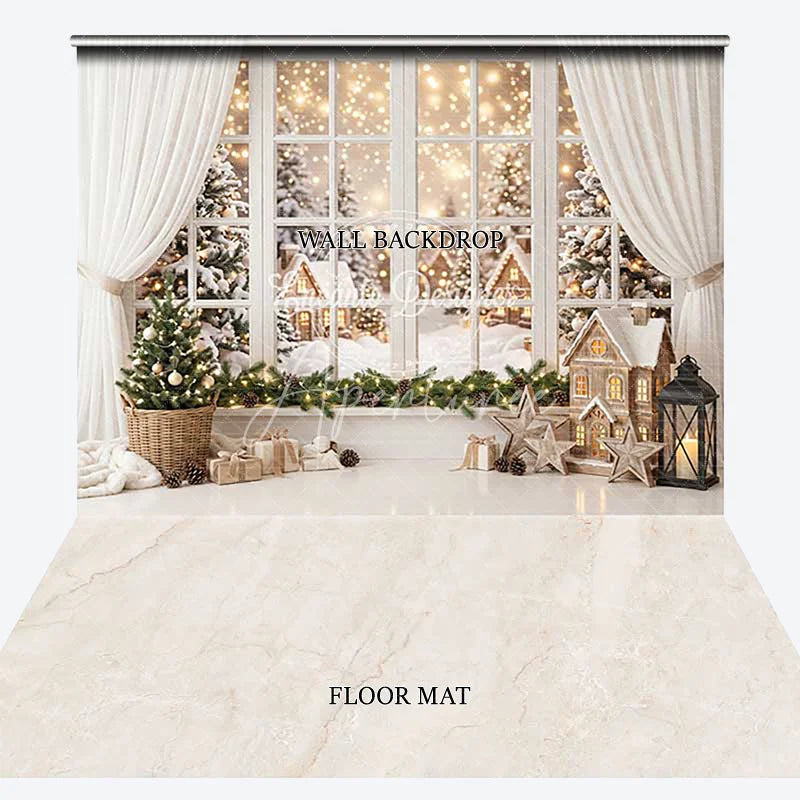 Aperturee - Aperturee White Window Snowy Christmas Tree Gifts Garland Combo Set Backdrop Winter Holiday Party Decor