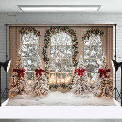 Aperturee - Aperturee White Window Snowy Forest Scenery Christmas Backdrop