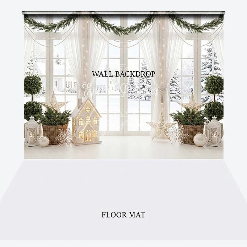 Aperturee - Aperturee White Window Snowy Winter Scene Christmas Garland Combo Set Backdrop Festive Holiday Home Decor Photography