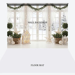 Aperturee - Aperturee White Window Snowy Winter Scene Christmas Garland Combo Set Backdrop Festive Holiday Home Decor Photography