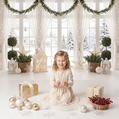 Aperturee - Aperturee White Window Snowy Winter Scene Christmas Garland Combo Set Backdrop Festive Holiday Home Decor Photography