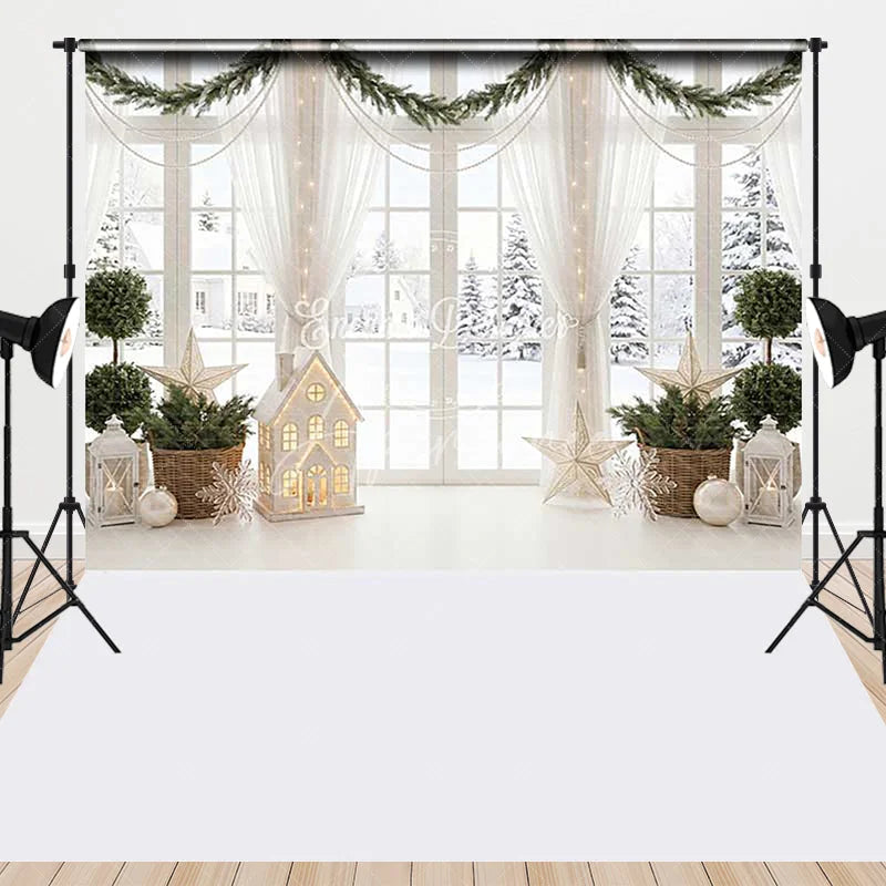 Aperturee - Aperturee White Window Snowy Winter Scene Christmas Garland Combo Set Backdrop Festive Holiday Home Decor Photography
