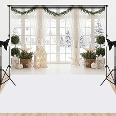 Aperturee - Aperturee White Window Snowy Winter Scene Christmas Garland Combo Set Backdrop Festive Holiday Home Decor Photography