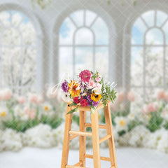 Aperturee - Aperturee White Window Trees Pink Floral Spring Photo Backdrop