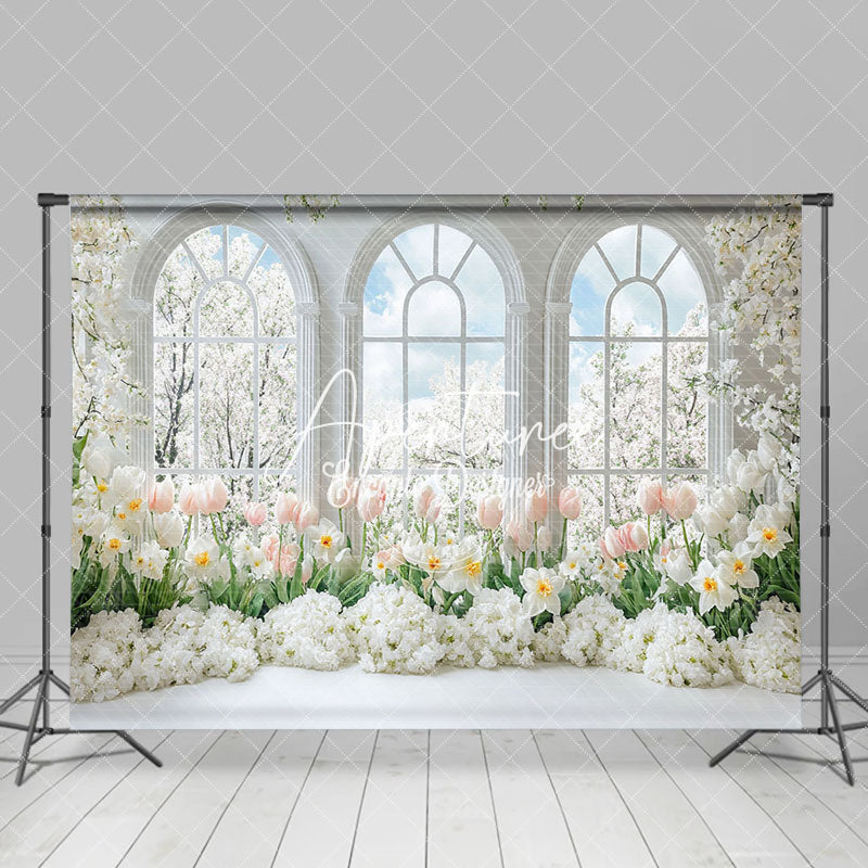 Aperturee - Aperturee White Window Trees Pink Floral Spring Photo Backdrop