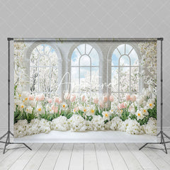 Aperturee - Aperturee White Window Trees Pink Floral Spring Photo Backdrop