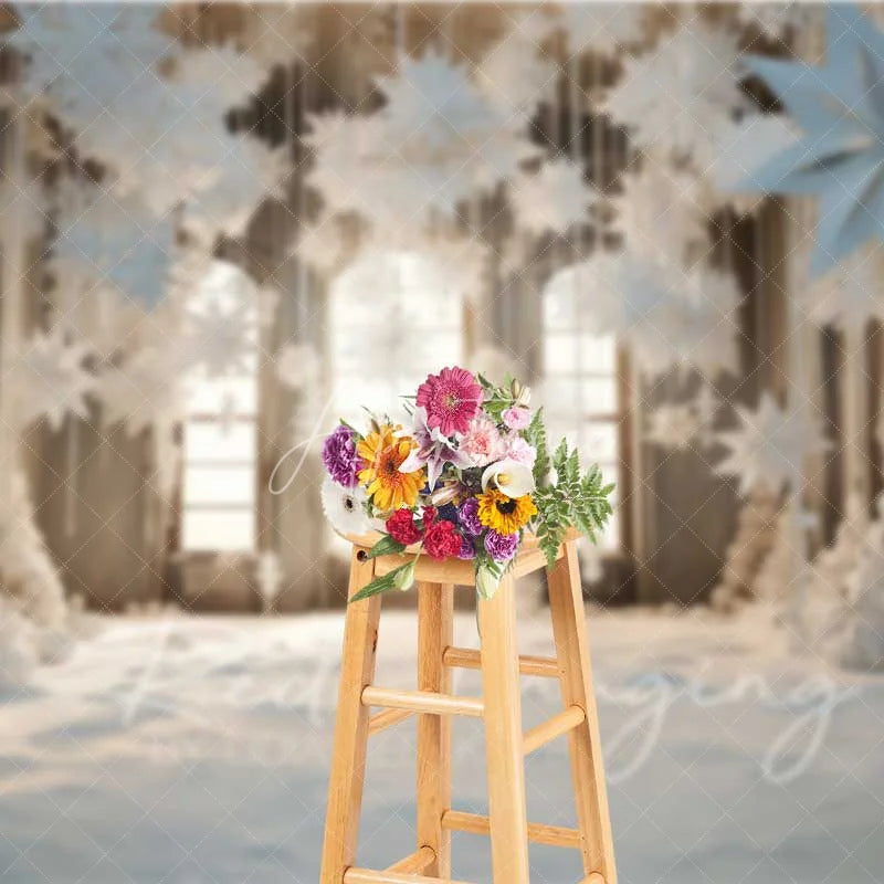 Aperturee - Aperturee White Winter Window Backdrop Hanging Paper Snowflakes Snow Floor Bright Room Photo Background