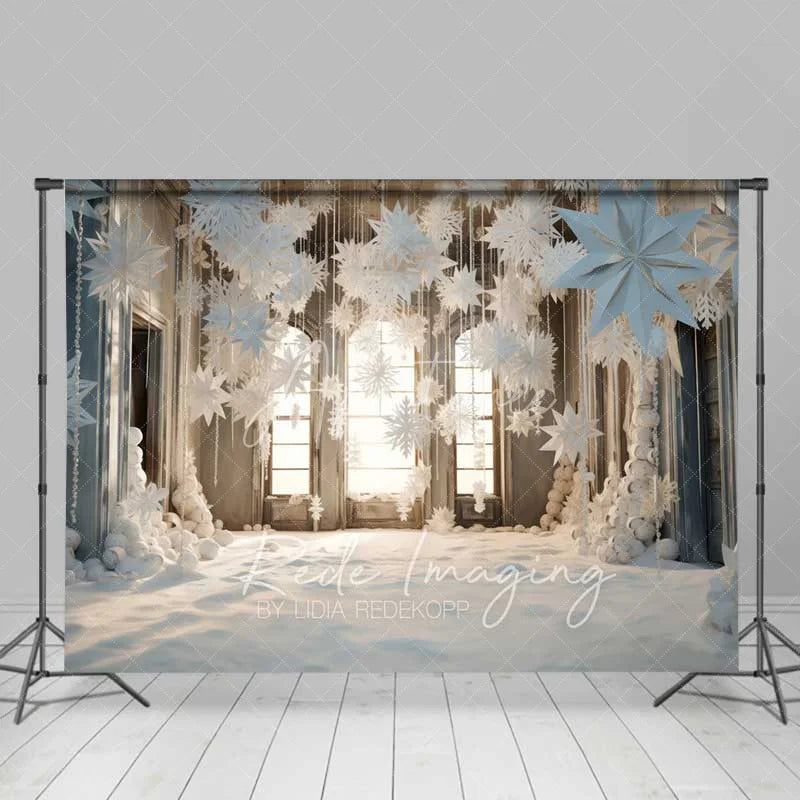 Aperturee - Aperturee White Winter Window Backdrop Hanging Paper Snowflakes Snow Floor Bright Room Photo Background