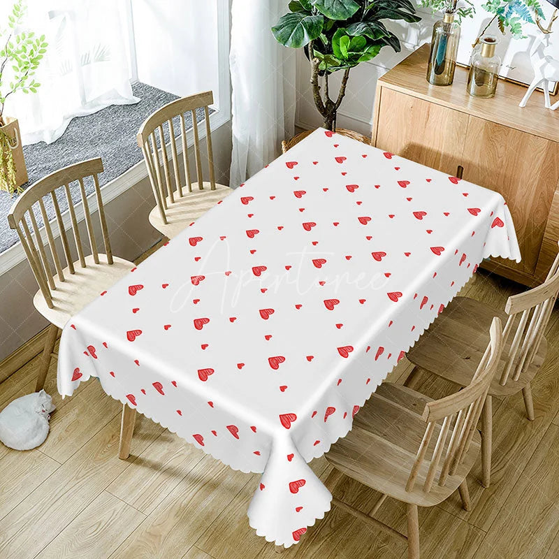 Aperturee - Aperturee White with Red Scribble Heart Rectangle Tablecloth Simple Sketchy Love Design Modern Valentine Dining Room Decor