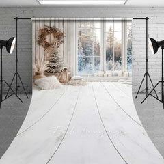 Aperturee - Aperturee White Wood Floor Christmas Sweep Backdrop Winter Window View Flocked Tree Minimalist Photo Background