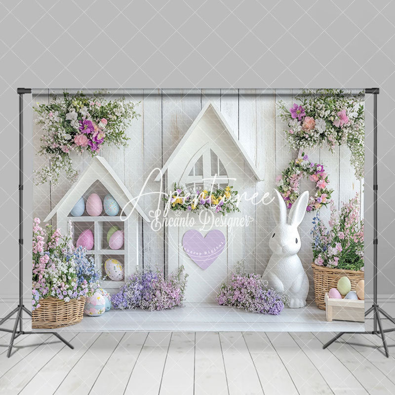 Aperturee - Aperturee White Wood Wall Eggs Bunny Floral Easter Backdrop