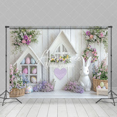 Aperturee - Aperturee White Wood Wall Eggs Bunny Floral Easter Backdrop