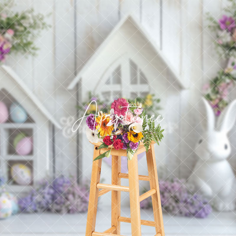 Aperturee - Aperturee White Wood Wall Eggs Bunny Floral Easter Backdrop