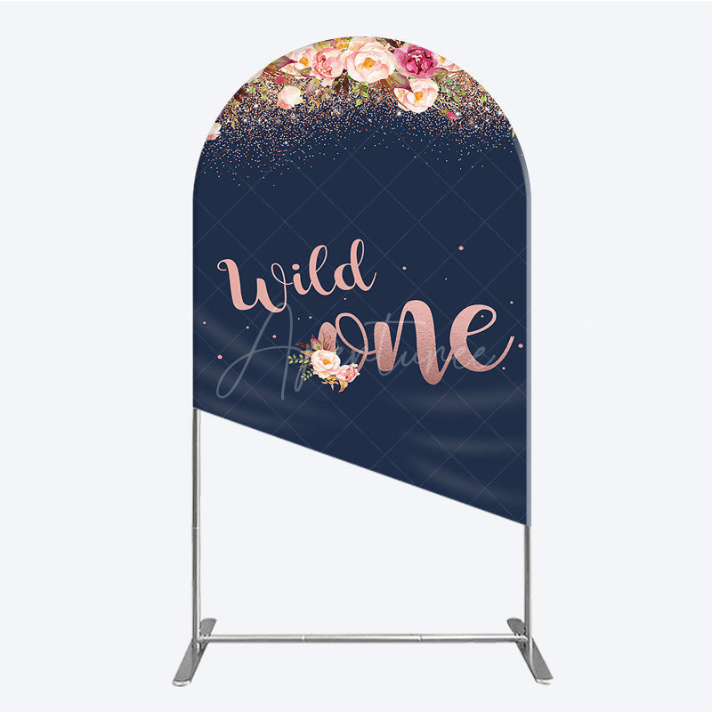 Aperturee - Aperturee Wild One First Birthday Arch Backdrop for Girl Boho Floral Navy Blue and Rose Gold Party Decor Photo Booth Banner