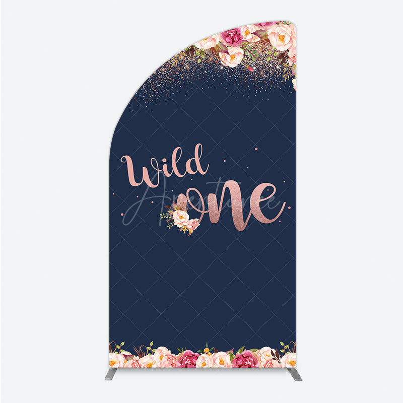 Aperturee - Aperturee Wild One First Birthday Half Moon Arch Backdrop for Girl Boho Floral Navy Blue and Rose Gold Party Decor Photo Booth