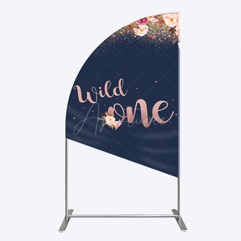 Aperturee - Aperturee Wild One First Birthday Half Moon Arch Backdrop for Girl Boho Floral Navy Blue and Rose Gold Party Decor Photo Booth