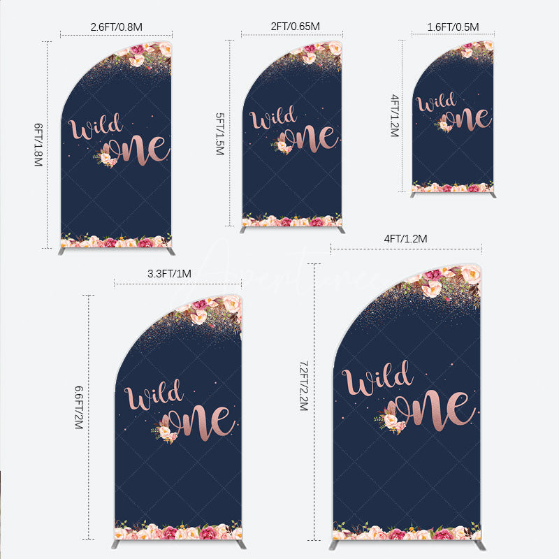 Aperturee - Aperturee Wild One First Birthday Half Moon Arch Backdrop for Girl Boho Floral Navy Blue and Rose Gold Party Decor Photo Booth