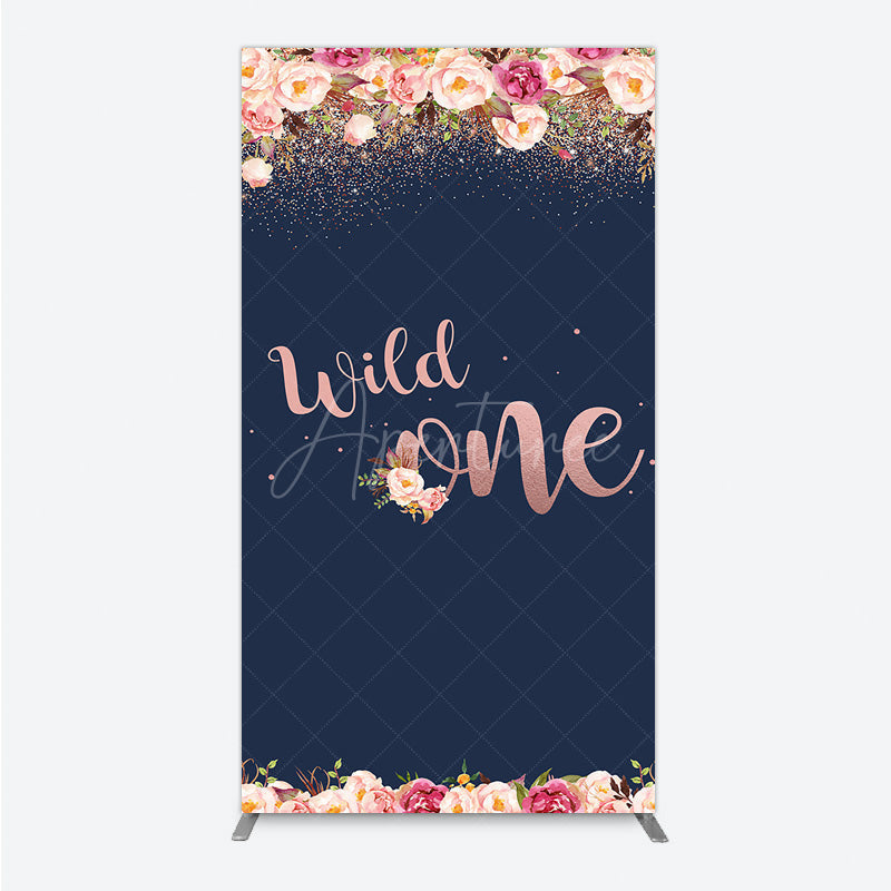 Aperturee - Aperturee Wild One First Birthday Rectangle Backdrop for Girl Boho Floral Navy Blue and Rose Gold Party Decor Photo Booth Banner