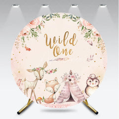 Aperturee - Aperturee Wild One First Birthday Round Backdrop Boho Woodland Animals with Fox and Deer Girl or Boy Party Decor