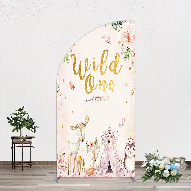 Aperturee - Aperturee Wild One Half Moon Arch Backdrop Boho Woodland Animals Baby Shower Pink Floral Fox Deer Party Decor for Girl