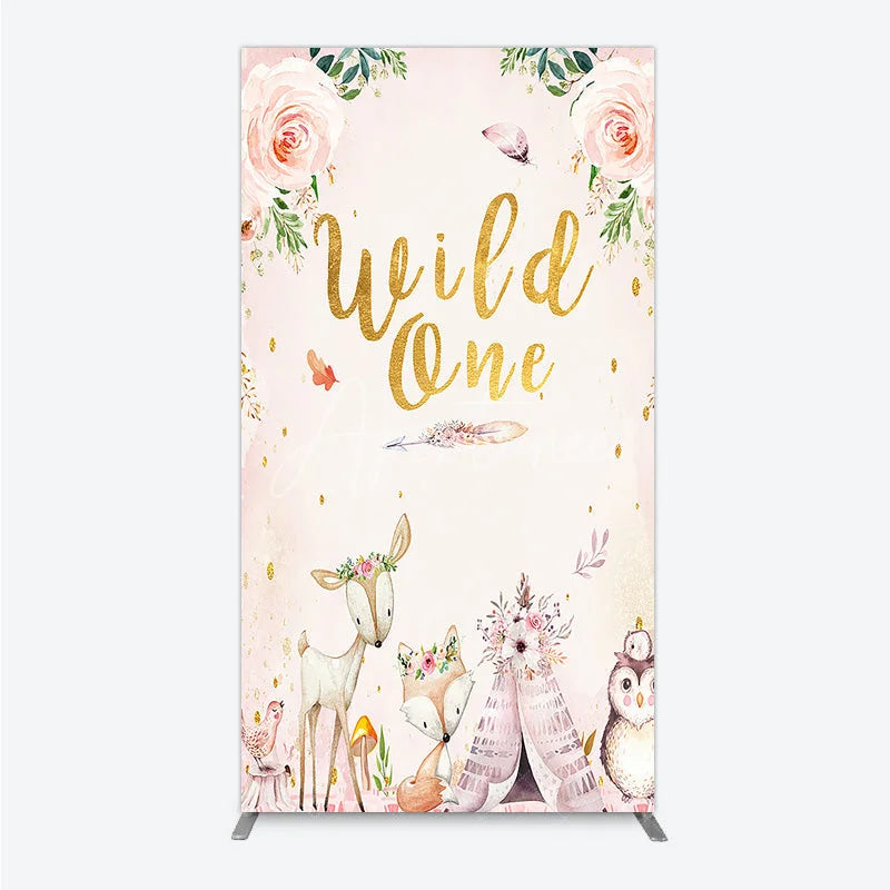 Aperturee - Aperturee Wild One Rectangle Backdrop Boho Woodland Animals Baby Shower Pink Floral Fox Deer Party Decor for Girl