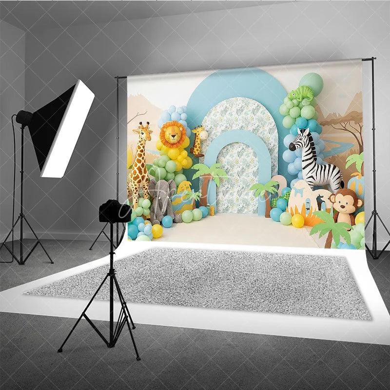 Aperturee - Aperturee Wild One Safari Animals and Jungle Backdrop Giraffe Zebra and Elephant Zoo Theme for Boy First Birthday